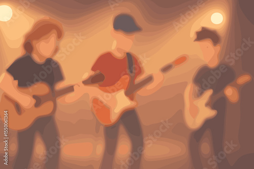 Soft blurred cartoon vector illustration of three guitarists performing live on stage under warm spotlight glow. Acoustic and electric guitars band concert atmosphere, music performance backdrop.