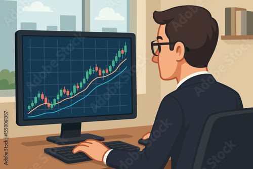 Businessman analyzing upward stock market chart on desktop computer in office with city skyline view. Financial data trends displayed with candlestick graph and moving averages for trading analysis.