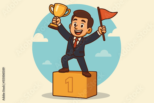 Businessman celebrating victorious moment on first place podium holding a golden trophy and waving a red flag. Corporate success concept design. Leadership achievement award triumph illustration.