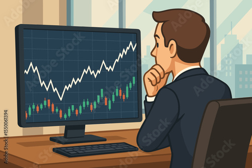 Businessman analyzing stock market graph on computer screen in office overlooking city skyline. Financial trading chart with candlestick pattern and rising line indicating investment growth concept