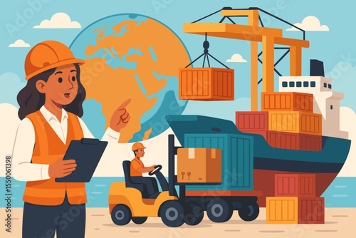 Logistics supervisor overseeing cargo container loading at global seaport terminal with crane forklift and cargo ship for international trade and supply chain management vector art illustration