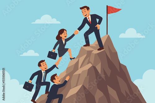 Business team climbing mountain with leader assistance to reach summit, corporate teamwork collaboration illustration, leadership support and guidance, success concept, goal achievement vector cartoon