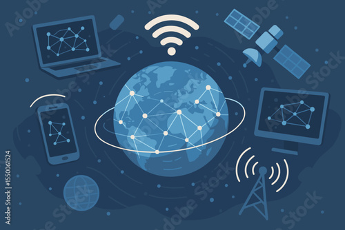 Global digital connectivity network illustration. Cartoon vector of Earth globe with interconnected nodes, laptops, smartphones, desktop PC, satellite and wireless signals, internet communication