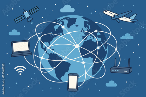 Global digital connectivity with network lines linking satellites, laptops, smartphones, routers and wireless signals around earth. Cartoon vector illustration of internet communication technology.