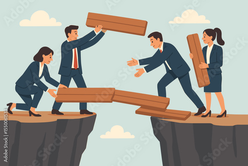 Business teamwork collaboration concept. Corporate professionals building wooden bridge across cliff gap. Collaboration overcoming challenge solution. Teamwork success vector illustration