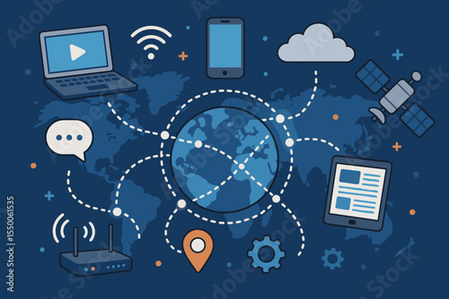 Global digital network connectivity concept with cloud computing, satellite communication, wireless IoT, mobile devices, laptop, tablet, router, data exchange, location pin and gear icons illustration