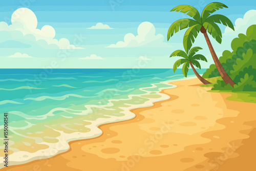 Tropical beach with textured soft wet sand, gentle turquoise ocean waves lapping golden shoreline under clear blue sky with clouds and leaning palm trees. Summer vacation paradise vector illustration