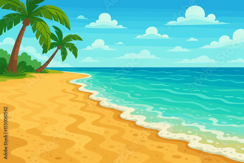Textured soft wet sand on a tropical beach shoreline with turquoise ocean waves lapping shore under bright summer sky. Palm trees arching over coast, lush foliage, distant horizon, vacation seascape.
