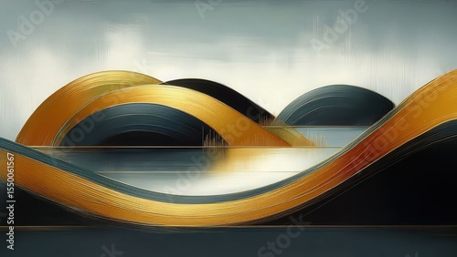 Abstract rolling hill landscape with serene lake in elegant black and gold tones, luxurious contemporary art style, minimal scenery for modern home decor, peaceful nature design with metallic texture 