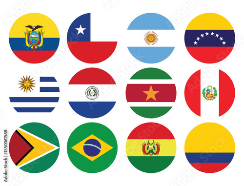 South American countries flag, Venezuela, Uruguay, Suriname, Peru, Paraguay, Guyana, Ecuador, Colombia, Chile, Bandera, Argentina round button flag