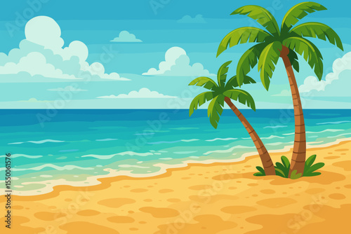 Tropical beach scene with textured wet sand, gentle ocean waves, swaying palm trees, blue sky with fluffy clouds. Summer vacation illustration, travel, relaxation, island paradise vector