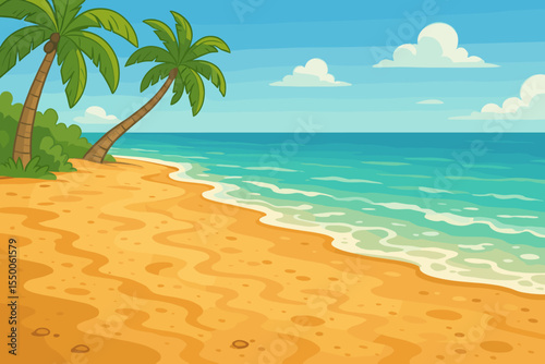 Tropical beach paradise with textured wet sand shore lapped by gentle turquoise waves under bright blue sky with fluffy clouds and leaning palm trees summer vacation travel vector illustration