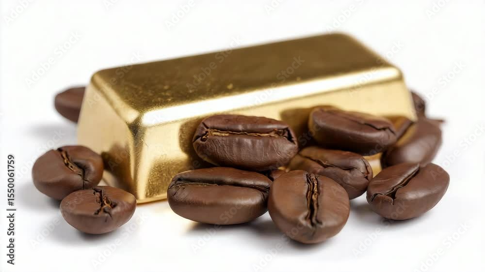 Closeup of coffee beans surrounding shiny gold bar in detailed sequence
