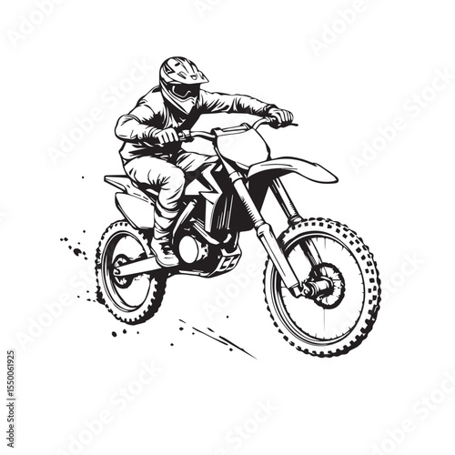 Dynamic black and white illustration of a motocross rider jumping