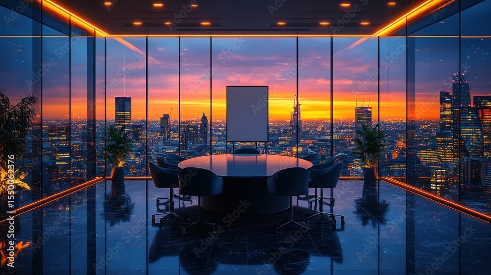 Fototapeta premium Modern penthouse meeting room at sunset