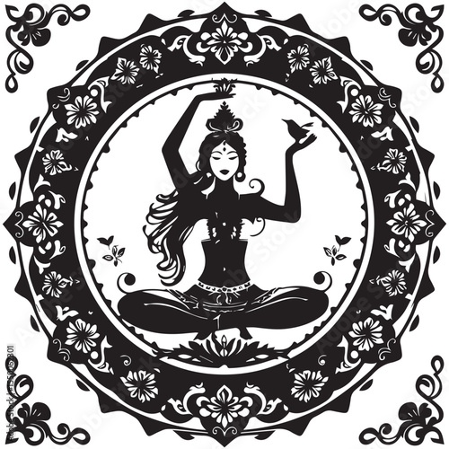 Silhouette of a serene woman in traditional indian attire meditating with a bird