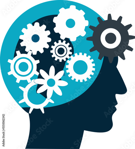"Gears turning inside head representing strategic thinking silhouette 