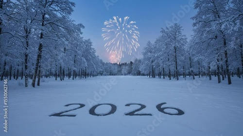Winter Forest Fireworks Display Over Snow-Covered Landscape Marking New Year 2026