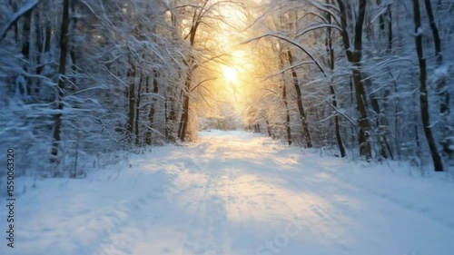 Winter Wonderland Path Through Snowy Forest at Sunrise