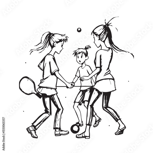 Three children playing sports together with a soccer ball and tennis racket