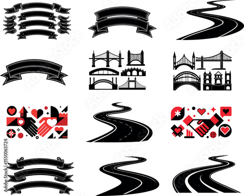 abstract ribbon shape and road ector silhouette set template 