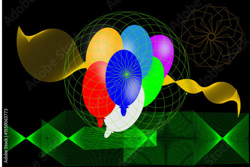 A sleek vector design featuring glowing triangles, rectangles, and circles set against a deep black background, creating a striking contrast and modern aesthetic.

