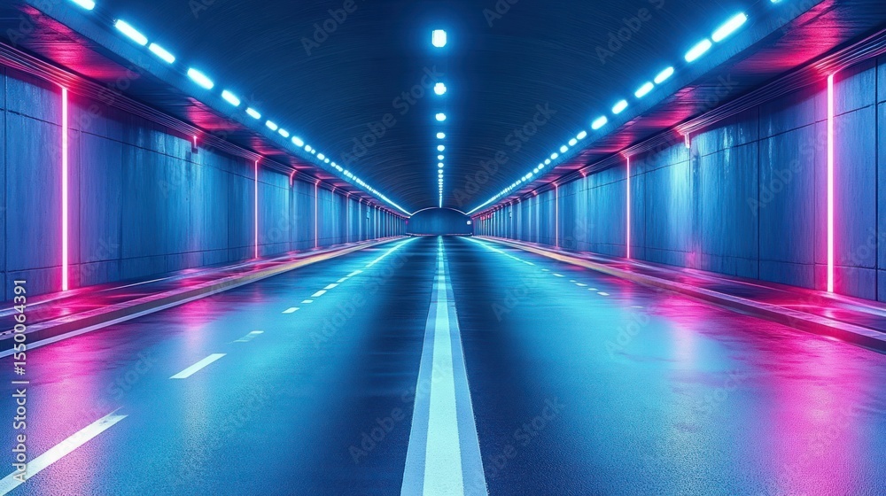 Fototapeta premium Neon tunnel road at night