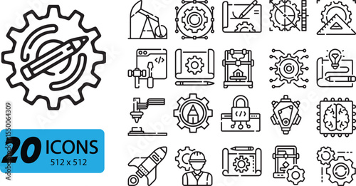 Set of 20 Engineering Icons, Outline Style, 512x512 Pixels