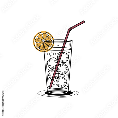 Refreshing Cocktail: A refreshing cocktail is shown in a glass filled with ice cubes, featuring a straw and a citrus fruit slice. The scene evokes a sense of coolness and summer enjoyment.