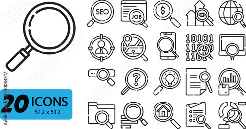Set of 20 Search Icons, Outline Style, 512x512 Pixels