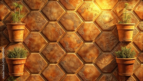 Terracotta wall with hexagonal tiles and potted plants arrangement  