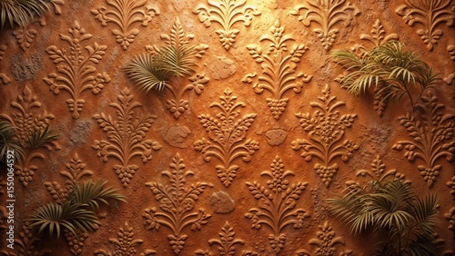 Terracotta wall texture with embossed floral patterns and greenery  