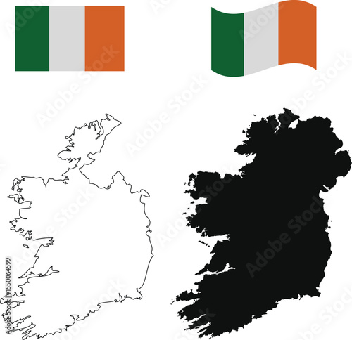 Print Ireland black and outline map with two national flags – Minimalist Irish country silhouette and border design on white background