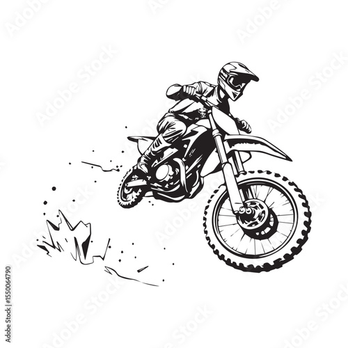 Dynamic black and white illustration of a motocross rider mid air