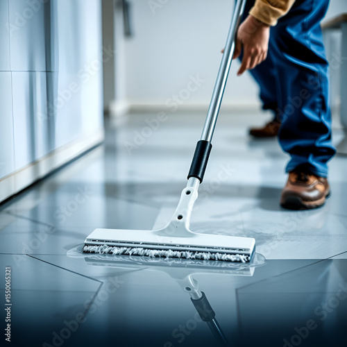 the worker use squeegee to squeeging water floor
