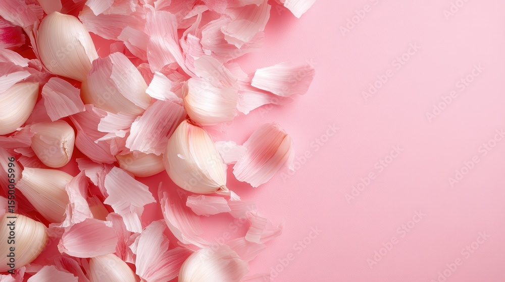 Obraz premium Delicate pink onion peels scattered on a soft pink background, embodying nature's artistry and the beauty of culinary elements in a minimalistic presentation.