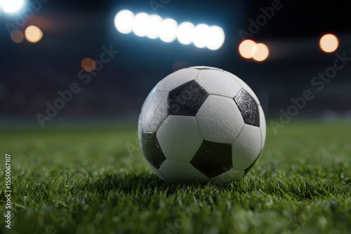 Soccer ball on green field with stadium lights in the background