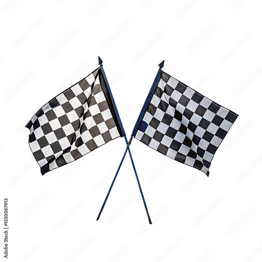Fototapeta premium Two crossed checkered flags waving signaling the end of a race isolated on transparent background