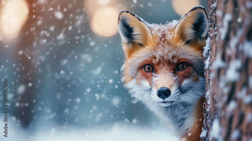 Fototapeta premium A captivating red fox emerges from a snowy landscape, showcasing its vivid fur and curious expression against a soft blurred winter background, inviting the viewer into nature's tranquility.