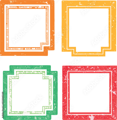 A set of four colorful, distressed square frames with a vintage grunge aesthetic. Ideal for creative graphic design, invitations, labels, and adding a retro touch to any project.