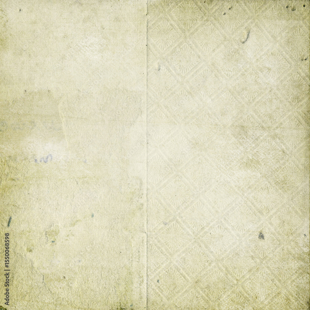 Fototapeta premium Yellowed antique paper background with subtle geometric pattern, distressed surface, worn grunge details, nostalgic vintage texture ideal for scrapbooking, invitations, and graphic design.