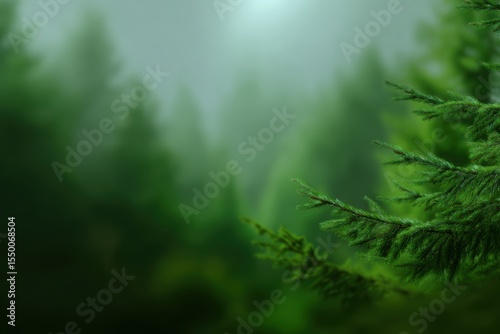 Green forest background with fog and depth blur
