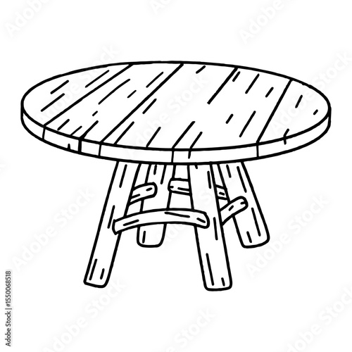 Wooden round table hand drawn in doodle style.