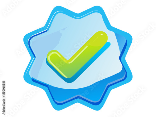 Digital Validation Seal: A vibrant digital emblem, adorned with a bright green check mark, signifies approval and verification within a translucent blue star.