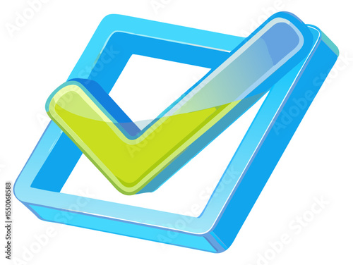 Check Mark Icon: A vibrant check mark, representing affirmation and completion, glows within a three-dimensional frame, symbolizing the confirmation and completion.