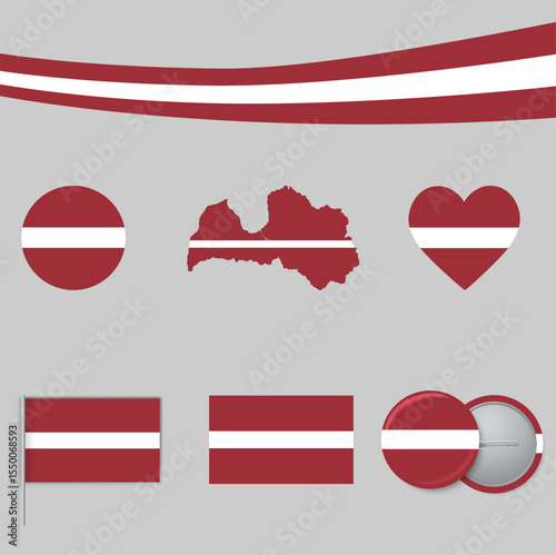 Print Latvia map with ribbon and five flag styles including heart, circle, and flat – Creative Latvian national flag design on white background