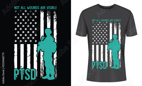 PTSD Awareness T Shirt Design with American Flag and Soldier Silhouette