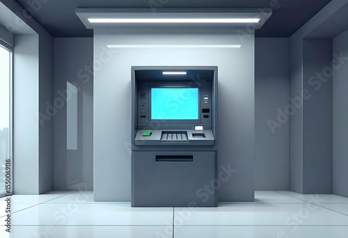 Flat vector of an ATM machine front view with a screen and card slot, black outline style, compact and centered design, representing banking or cash withdrawal