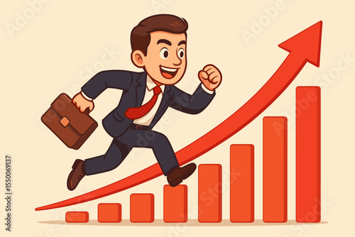 Businessman running on growth graph arrow. Career success concept. Leadership, ambition, and progress metaphor. Corporate manager climbing financial chart for profit increase.