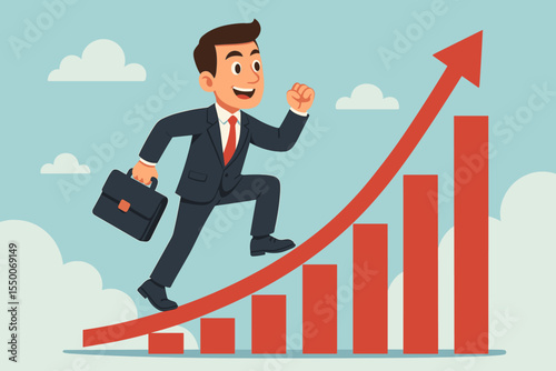 Ambitious businessman climbing up a red bar graph arrow. Concept of career growth, success, and leadership. Cartoon vector illustration of a man achieving professional goals and progress.